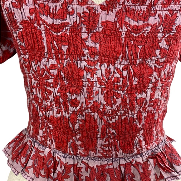 NWT- CLEOBELLA Bella Red Smocked, Puff Sleeves and Ruffle Hem Top Sz Small - Picture 9 of 16